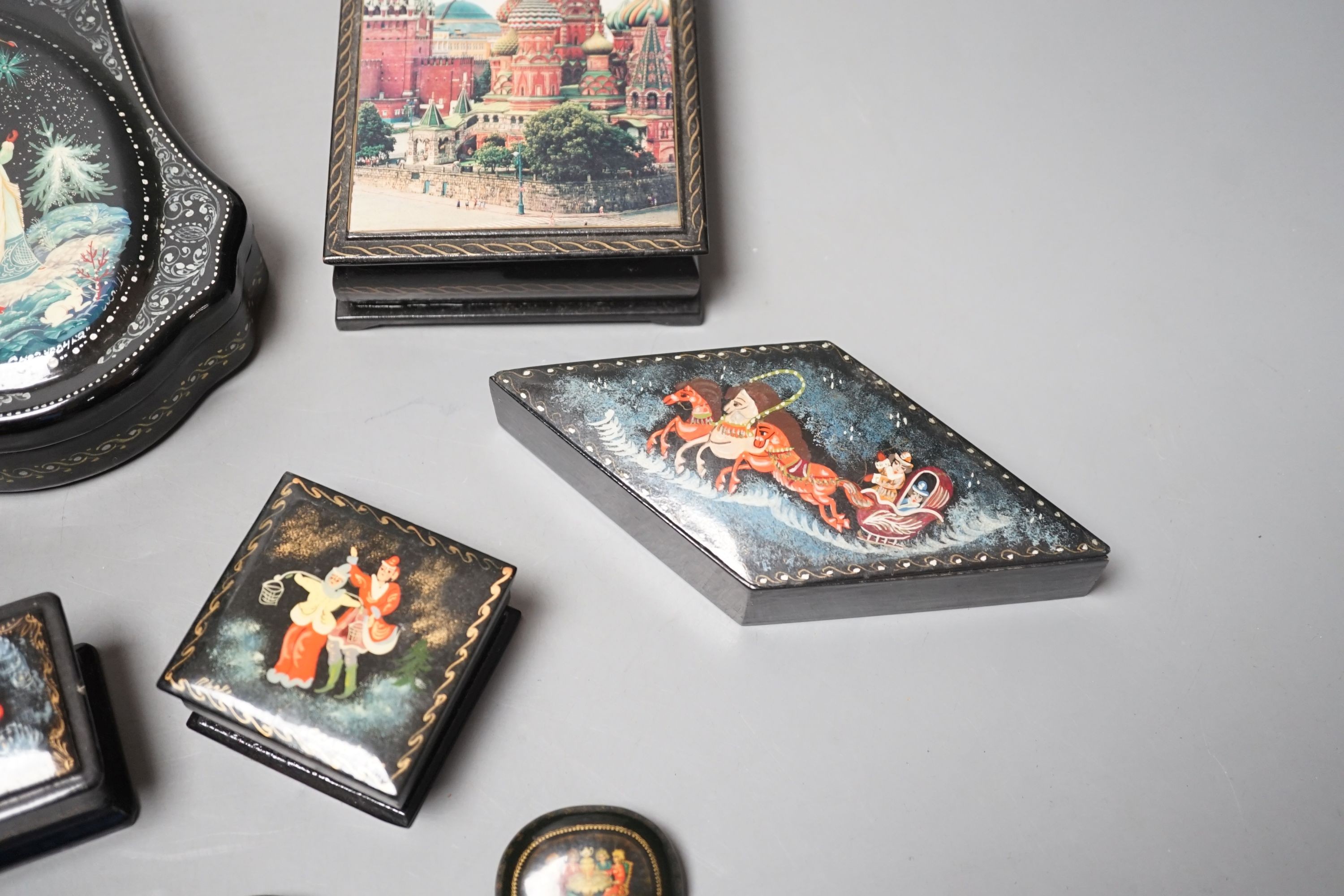 Eight Russian lacquer boxes, some painted and some with printed decoration